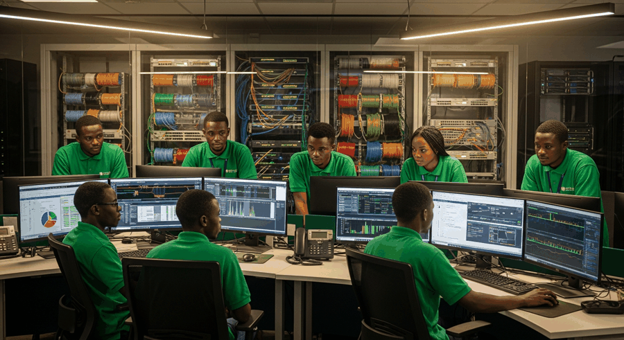 Trainees working on live network equipment